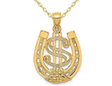 14K Yellow Gold Dollar Sign In Horseshoe Charm Pendant Necklace with Chain